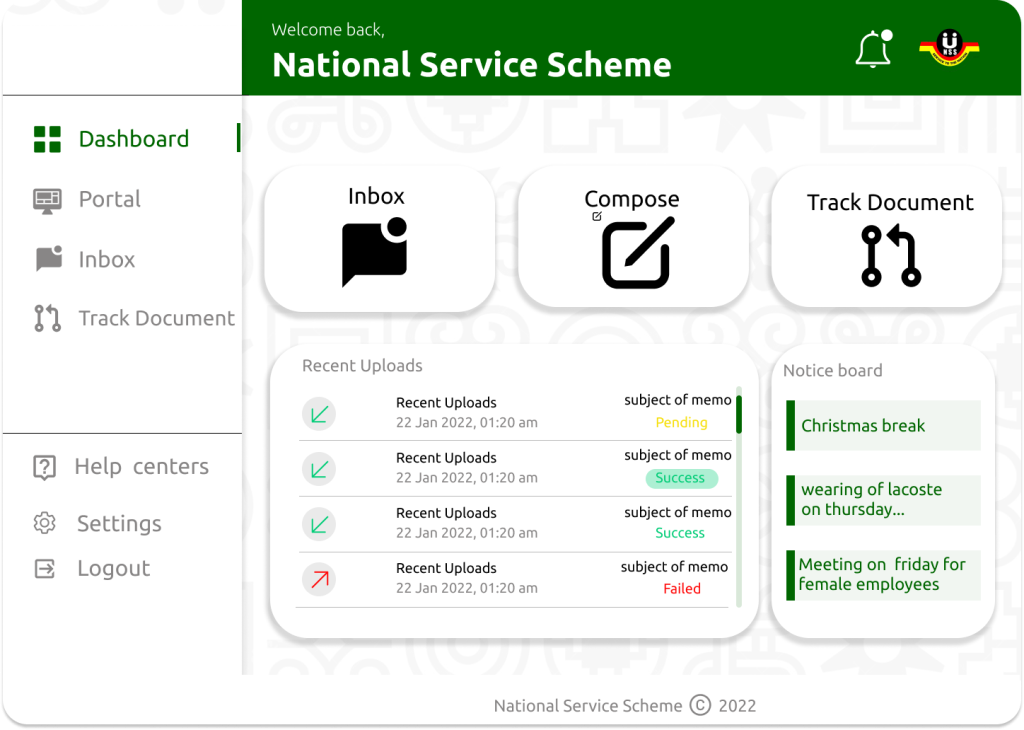 National Service Scheme (NSS) Ghana – Internal Staff & Document Management Portal screenshot 1